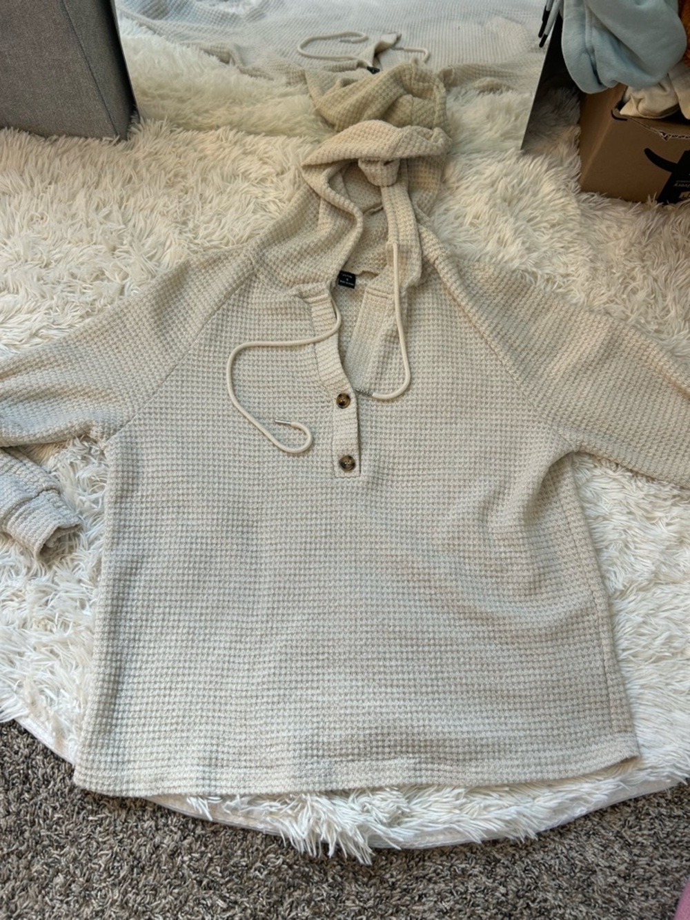 Waffle-Knit Hooded Henley Long-Sleeve Top in Cream
